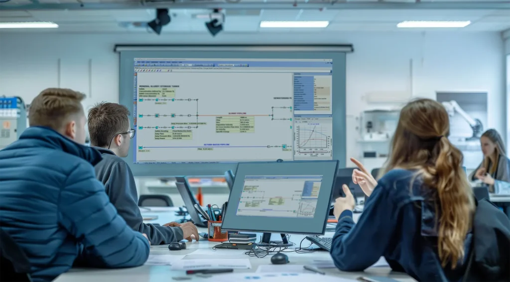 engineers discussing fluid flow model in a presentation fluid engineering collaboration