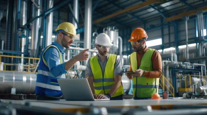 Engineers in safety gear collaborating on a project in a factory