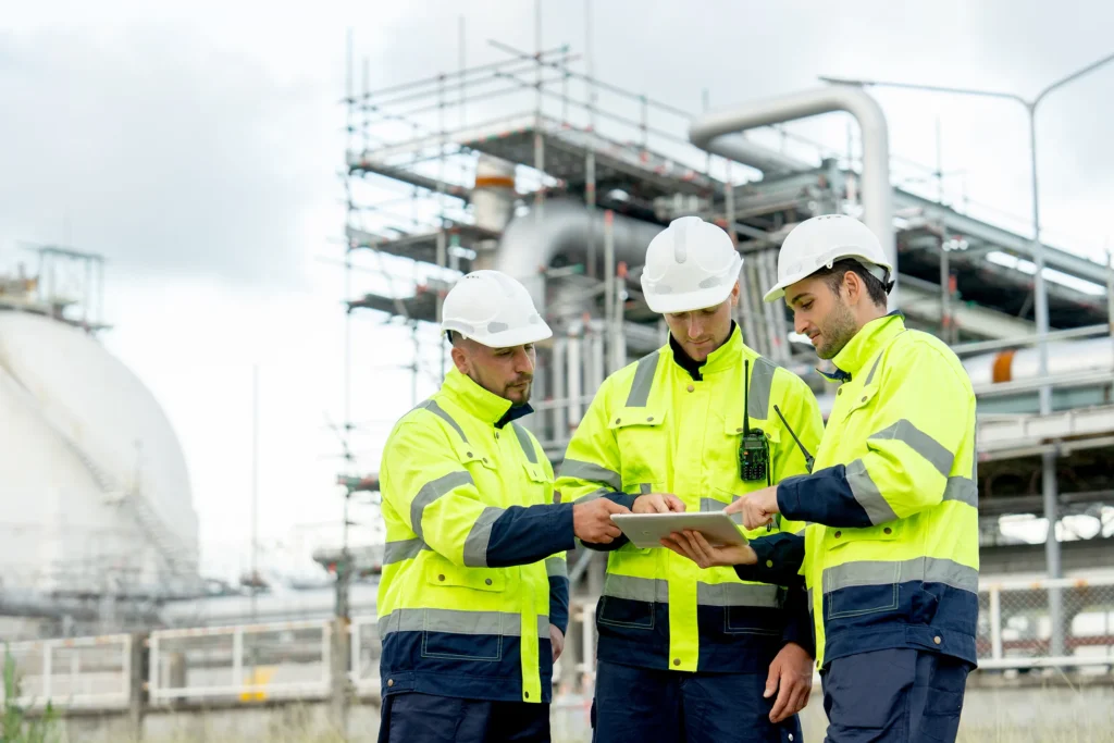 engineers collaborating in petrochemical plant fluid engineering