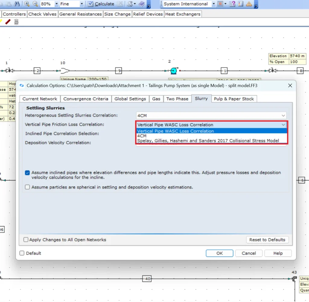 FluidFlow Configurable Settling Slurry Vertical Friction Loss Models