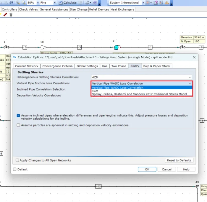 FluidFlow Configurable Settling Slurry Vertical Friction Loss Models