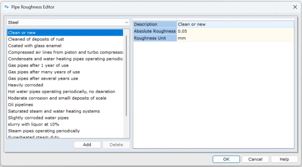 Pipe roughness editor FluidFlow