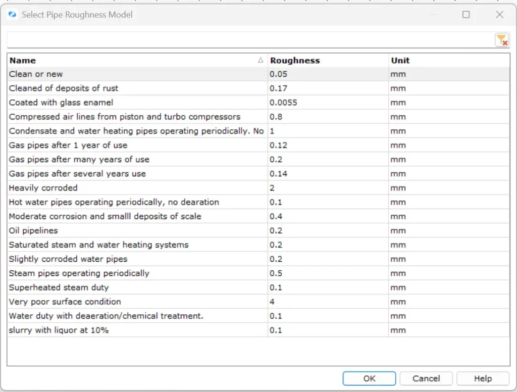 select pipe roughness model FluidFlow